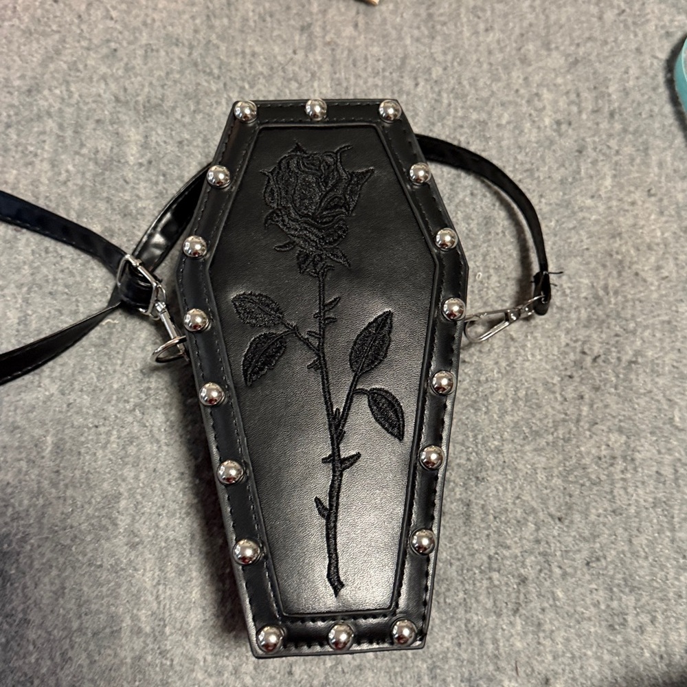 Black Coffin-Shaped Bag with Rose Design